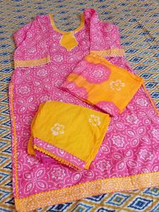 Vibrant Pink Kurta Set with Yellow Dupatta