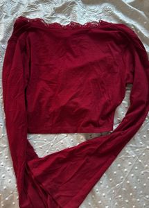Maroon Lace V-Neck Bell Sleeve Crop Top