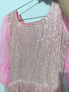 Sparkling Pink Gown with Tulle Sleeves