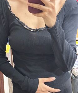 Black Ribbed Lace Trim Long Sleeve Top