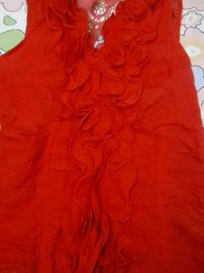 Red Ruffled Neck Sleeveless Top