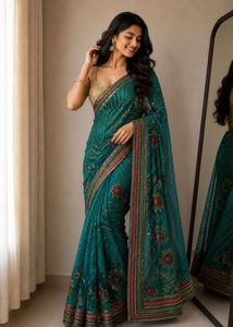 Stunning Embroidered Teal Saree with blouse