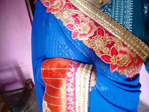 Royal Blue &amp; Coral Embroidered Saree