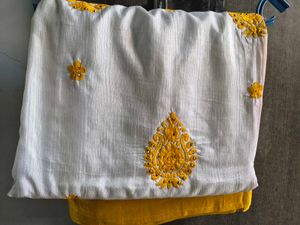 Elegant White Saree with Yellow Embroidery