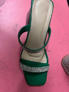 Green Rhinestone Block Heel Sandals Combo Of 3