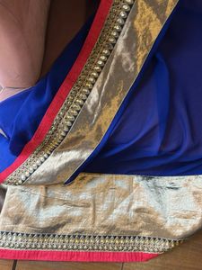 Blue &amp; Gold Sari with Gota Border