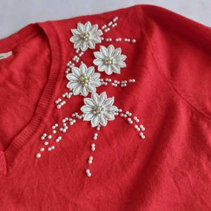 Elegant Red V-Neck Embellished Sweater🌷