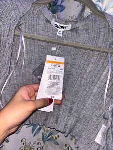 Grey Ribbed Cropped Cardigan with Ruffles