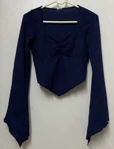 Navy Blue Bell Sleeve Crop Top