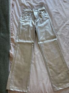 Zara Metallic Straight Jeans Silver