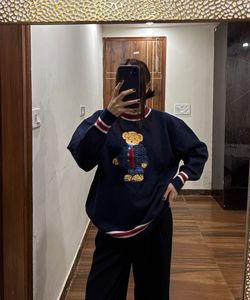 Bear Embroidery Knit Navy Blue Pullover🧸