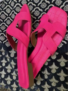 Hot Pink Crocodile Print Slides