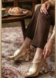 Gold Peep-Toe Slingback Block Heels
