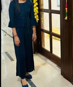 Chic Navy Blue Peplum Kurta Set with Palazzo Pants