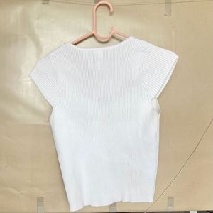 White Ribbed Sweetheart Neck Top