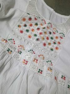 Women’s White Embroidered A-Line Kurti