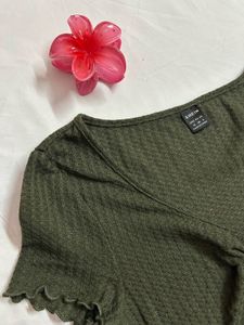 Olive Green Tie-Front Ribbed Crop Top