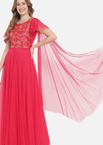 Pink Embellished Net Maxi Dress