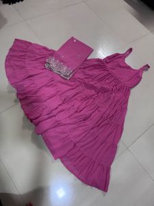 Vibrant Pink Tiered Kurta Set with Embellished Dup