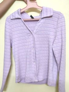Light Purple Striped Collared Button-Up Top