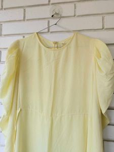 Elegant Yellow Puff Sleeve Midi Dress