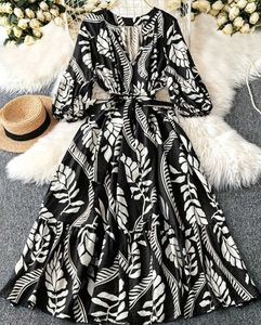 Boho Black & White Leaf Print Maxi Dress