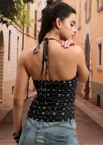 Black Ethnic Print Halter Tie-Up Top