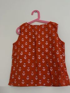 Orange Floral Sleeveless Kurta Top