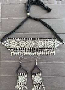 Oxidized Silver Choker Necklace & Earrings Set