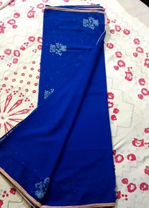 Royal Blue Embroidered Synthetic Saree