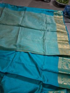 Blue Striped Silk Saree with Gold Border