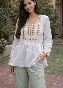 White Embroidered Cotton Kurta