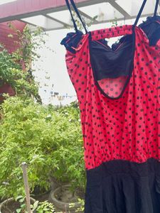 Red Polka Dot Dress with Black Skirt