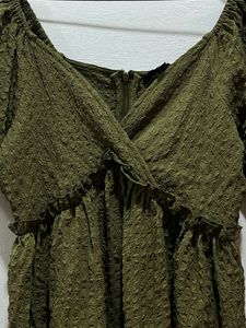 Virgio Olive Green Crepe Textured Mini Dress