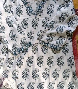 Cream &amp; Blue Floral Print Kurta