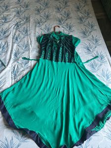 Green & Navy Dress with Waist Tie