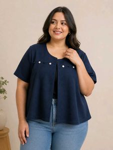 Navy Blue Cropped Jacket with Buttons