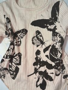 y2k Butterfly Print Ribbed Long Sleeve Top