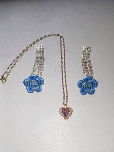 Blue Rose & Heart Pendant Necklace Set