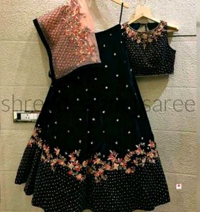 Black Velvet Lehenga Choli with instriced