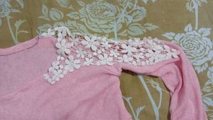 Pink Lace Shoulder Sweatshirt Kniteed Top