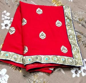 RED PARTY WEAR MIRROR WORK SAREE