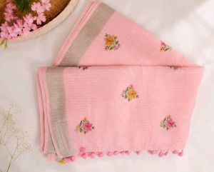 🌸 Baby Pink Floral Embroidered Saree