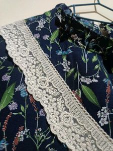 Vintage Navy Blue Floral Ruffle Dress with Lace V-
