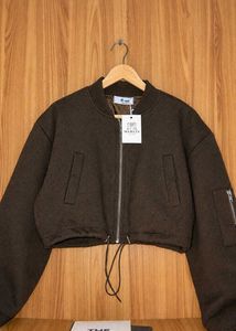 Brown Bomber Jacket with Drawstring Waist