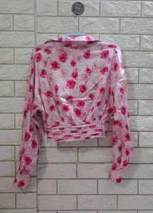 Pink Rose Floral Center-Twist Crop Shirt