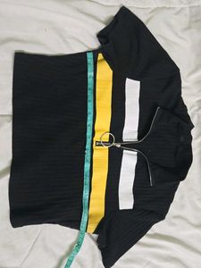 Black Ribbed Zip Up T-Shirt