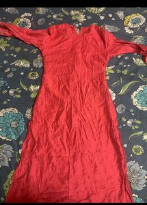 Elegant Red Kurta with Embellished Neckline