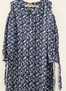 Blue &amp; White Printed Cold-Shoulder Kurta