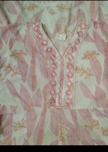 Pink Leaf Print Kurta Set with Embellishments